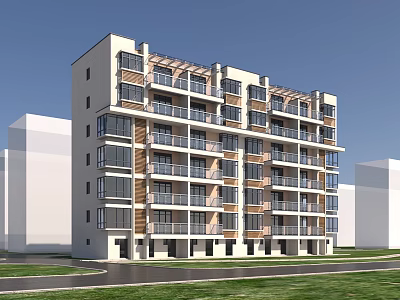 Modern Residential Building With Balconies Light Exterior Wooden Accents And Green Area 3d model