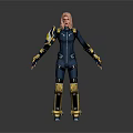 3D Rendered Female Character In Blue And Yellow Armored Suit Standing On Gray Background