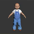 Bald Head Game Character In White T-shirt And Blue Overalls Standing On Dark Background