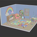 Cartoon Playroom Scene With Rainbow Clouds Bookshelf And Colorful Puzzle Mat Toys