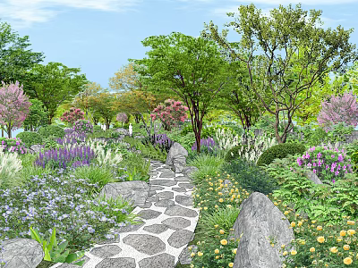 Lush Garden Shrubs With Colorful Flowers Stone Path Trees And Serene Landscape View 3d model