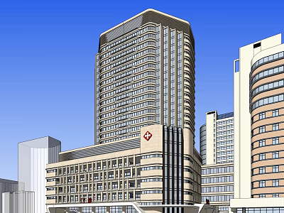 Tall Modern Hospital Building With Surrounding Urban Structures And Architectural Design 3d model
