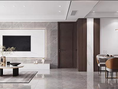 Modern Living And Dining Room Interior With Marble TV Wall Dining Table And Chairs 3d model