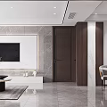 Modern Living And Dining Room Interior With Marble TV Wall Dining Table And Chairs