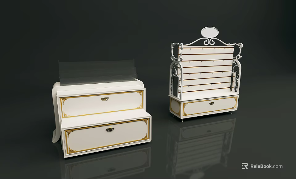 White Display Shelves With Glass Top Multi Layer Design And Drawers 3d model 