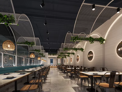 Modern Restaurant Interior With Arched Mesh Ceiling Hanging Green Plants Round Wall Decor And Wooden Furniture 3d model