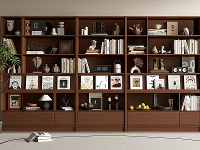 Modern Wooden Bookcase With Multiple Compartments Holding Books Decorations Photo Frames Tea Sets And Plant 3d model