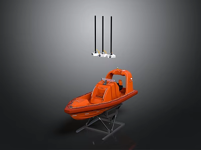 Orange Rescue Lifeboat Display On Stand With Black Poles And White Device 3d model