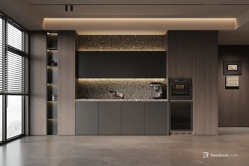 Modern Wine Cabinet In Contemporary Kitchen With Sleek Design Storage Shelves And LED Lighting 3d model 