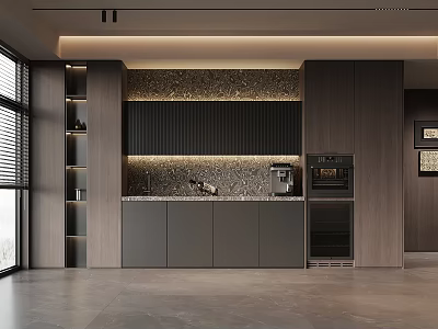 Modern Wine Cabinet In Contemporary Kitchen With Sleek Design Storage Shelves And LED Lighting 3d model