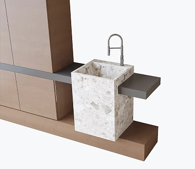 Modern Terrazzo Washbasin With Silver Faucet And Wooden Cabinet On Gray Countertop Extension 3d model