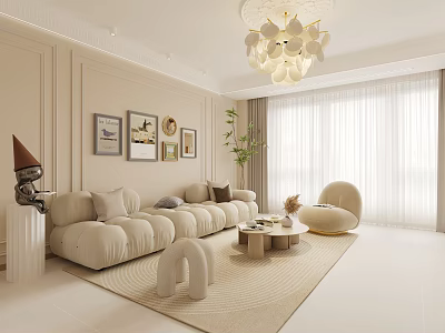 Elegant Living And Dining Room Interior With Beige Sofa Round Armchair Decorative Paintings And Chandelier 3d model