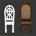 Two Traditional Wooden Chairs with Carved Backrest and Upholstered Patterned Seat