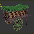 Vintage Wooden Hand Cart With Striped Canopy And Rustic Wooden Wheels