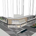 Modern Commercial Street With Glass Facade Retail Shops And Urban Pedestrian Walkway