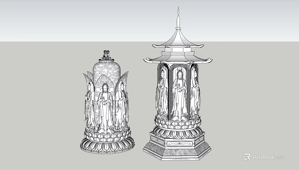 Traditional Stone Sculptures With Pagoda Style Carvings And Lotus Base Figures 3d model 