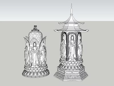 Traditional Stone Sculptures With Pagoda Style Carvings And Lotus Base Figures 3d model