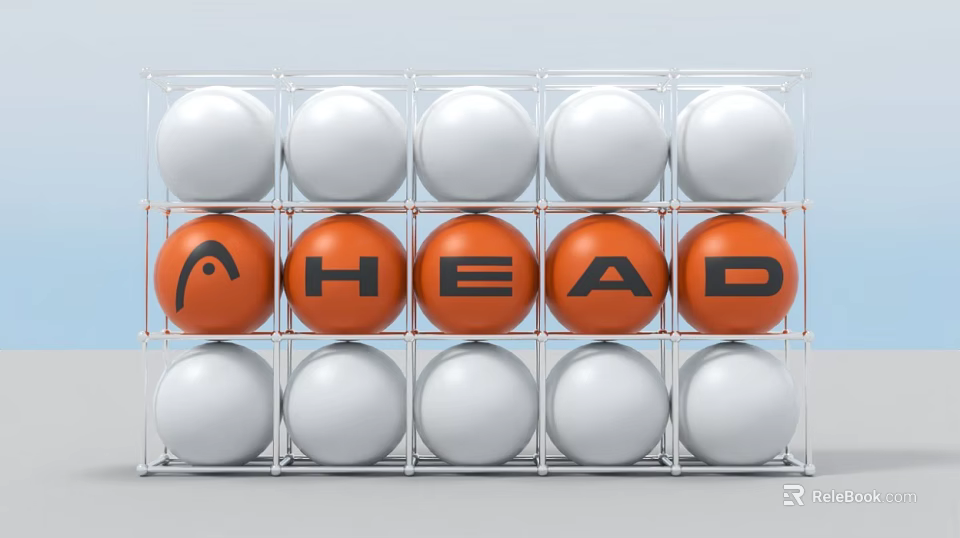 Commercial Equipment Display Rack With HEAD Brand Orange And White Balls In Three Rows 3d model 