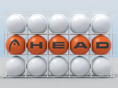 Commercial Equipment Display Rack With HEAD Brand Orange And White Balls In Three Rows 3d model