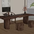 Chinese Style Solid Wood Tea Table And Chairs With Tea Set And Decorative Plants 3d model