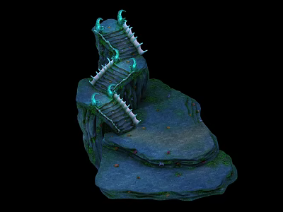 Glowing Layered Stone Stairs On Rocky Mossy Base With Intricate Structure Design 3d model