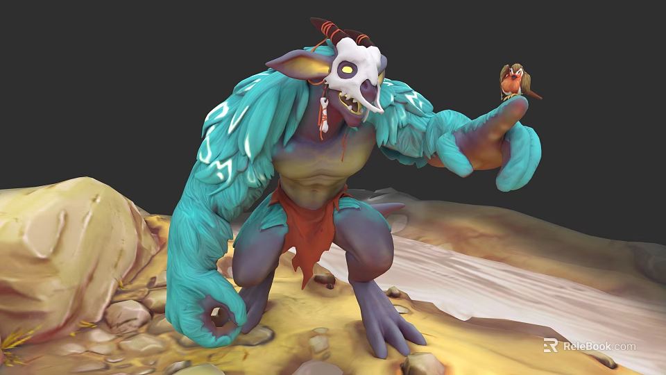 Game Movie Character With Turquoise Fur White Skull Red Horns Claws Holding Small Creature 3d model 