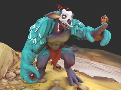 Game Movie Character With Turquoise Fur White Skull Red Horns Claws Holding Small Creature 3d model