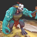 Game Movie Character With Turquoise Fur White Skull Red Horns Claws Holding Small Creature
