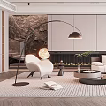 Modern Living Room Interior With Curved Sofa Floor Lamp Fireplace And Round Coffee Table