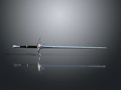 Sword Weapon Featuring Slim Blade Black Handle Hilt Guard on Grey Gradient Background Reflection 3d model