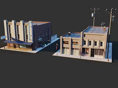 Small Building Models With Storefront Awnings Garage Doors Street Lamp And Utility Pole 3d model