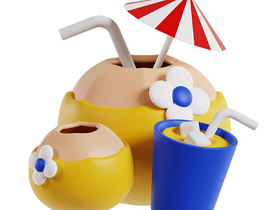 Refreshing Coconut Drink With Red And White Striped Umbrella Blue Cup Straw And Flower Decoration 3d model