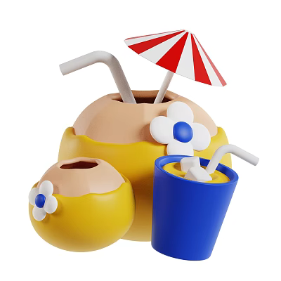 Refreshing Coconut Drink With Red And White Striped Umbrella Blue Cup Straw And Flower Decoration 3d model