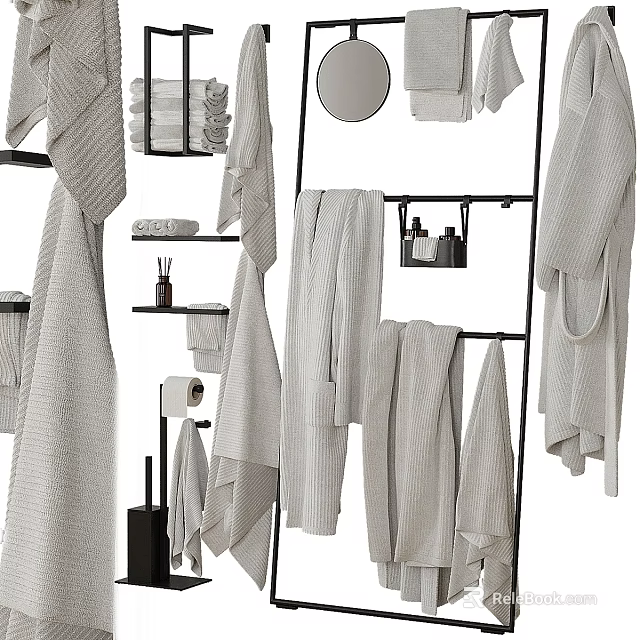 Modern Bathroom Accessories With Hanging Towels Storage Racks And Toiletries Mirror 3d model 