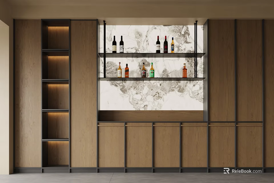 Modern Wooden Wine Cabinet With Glass Shelves LED Lighting And Wine Bottles 3d model 