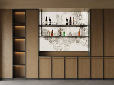 Modern Wooden Wine Cabinet With Glass Shelves LED Lighting And Wine Bottles 3d model