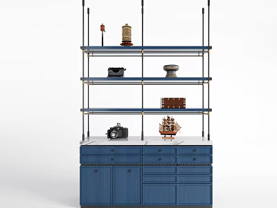 Blue Multi Tiered Storage Shelf with Drawers Cabinets Holding Decor Items Camera and Ship Models 3d model