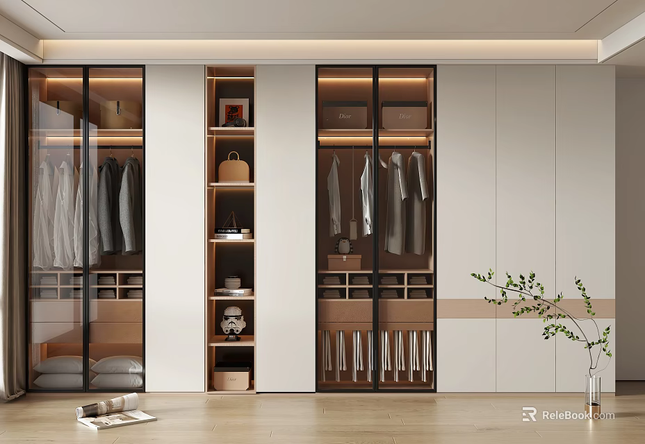 Modern Wardrobe Design With Glass Doors Hanging Areas Storage Shelves And Drawers 3d model 