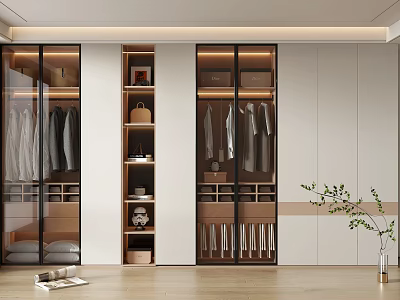 Modern Wardrobe Design With Glass Doors Hanging Areas Storage Shelves And Drawers 3d model
