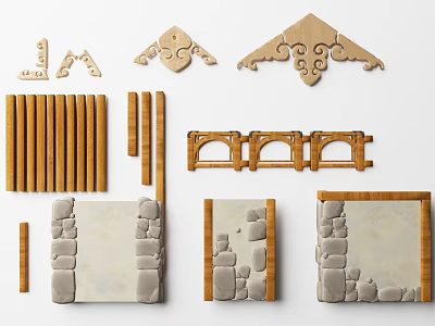 Stone Wood Decorative Pieces With Wooden Carvings Strips And Combined Panels 3d model