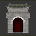 Traditional Chinese Ancient Gate With Green Tile Roof Stone Wall And Red Wooden Door
