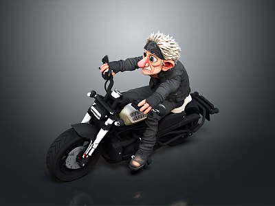 Cartoon Character With White Spiky Hair Riding Black Motorcycle And Exaggerated Facial Features 3d model