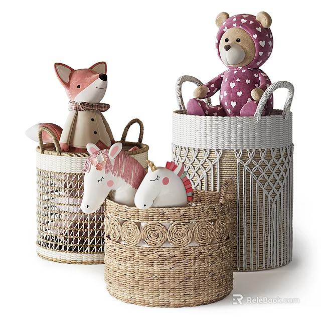 Woven Storage Baskets With Plush Fox Unicorn And Teddy Bear Toys 3d model 