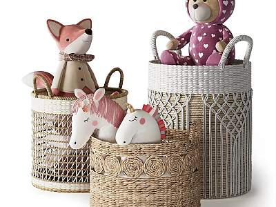 Woven Storage Baskets With Plush Fox Unicorn And Teddy Bear Toys 3d model