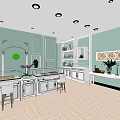 Modern Mall Shop Interior With Light Green Walls White Cabinets Pendant Lights And Sofa