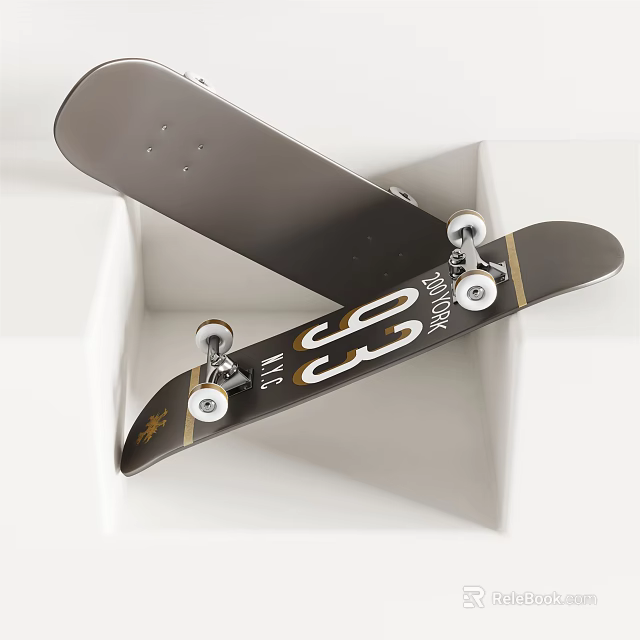 Stylish Black Skateboard With White Logo Gold Accents Metal Trucks And White Wheels 3d model 