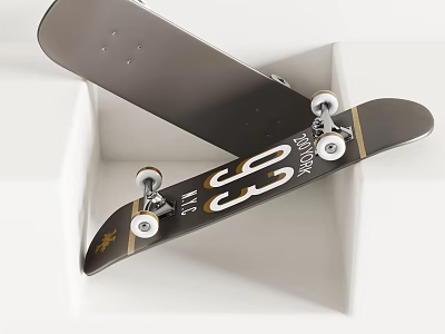 Stylish Black Skateboard With White Logo Gold Accents Metal Trucks And White Wheels 3d model