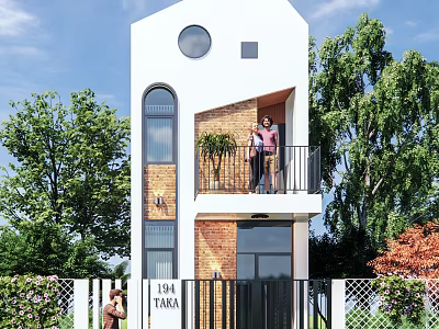 Modern Single Family House Exterior With Balcony Plants Trees And Black Gate 3d model