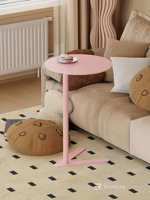 Pink Round Functional Table Next to Sofa With Cup Saucer on Top and Stuffed Toy 3d model 