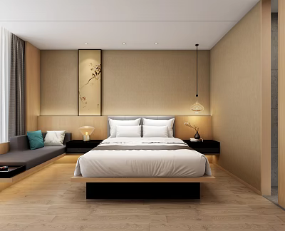 Modern Elegant Hotel Room Interior Design With Comfortable Bed Sofa And Decorative Art 3d model
